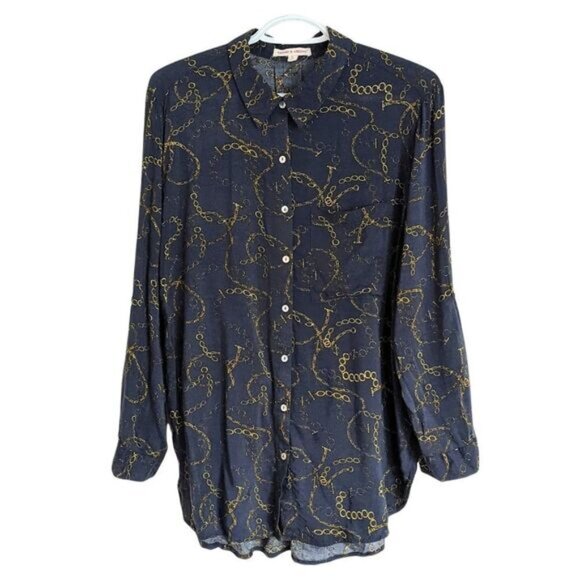 GRAND & GREENE chain print Navy blouse button down shirt adjustable sleeves L @P - Picture 1 of 14